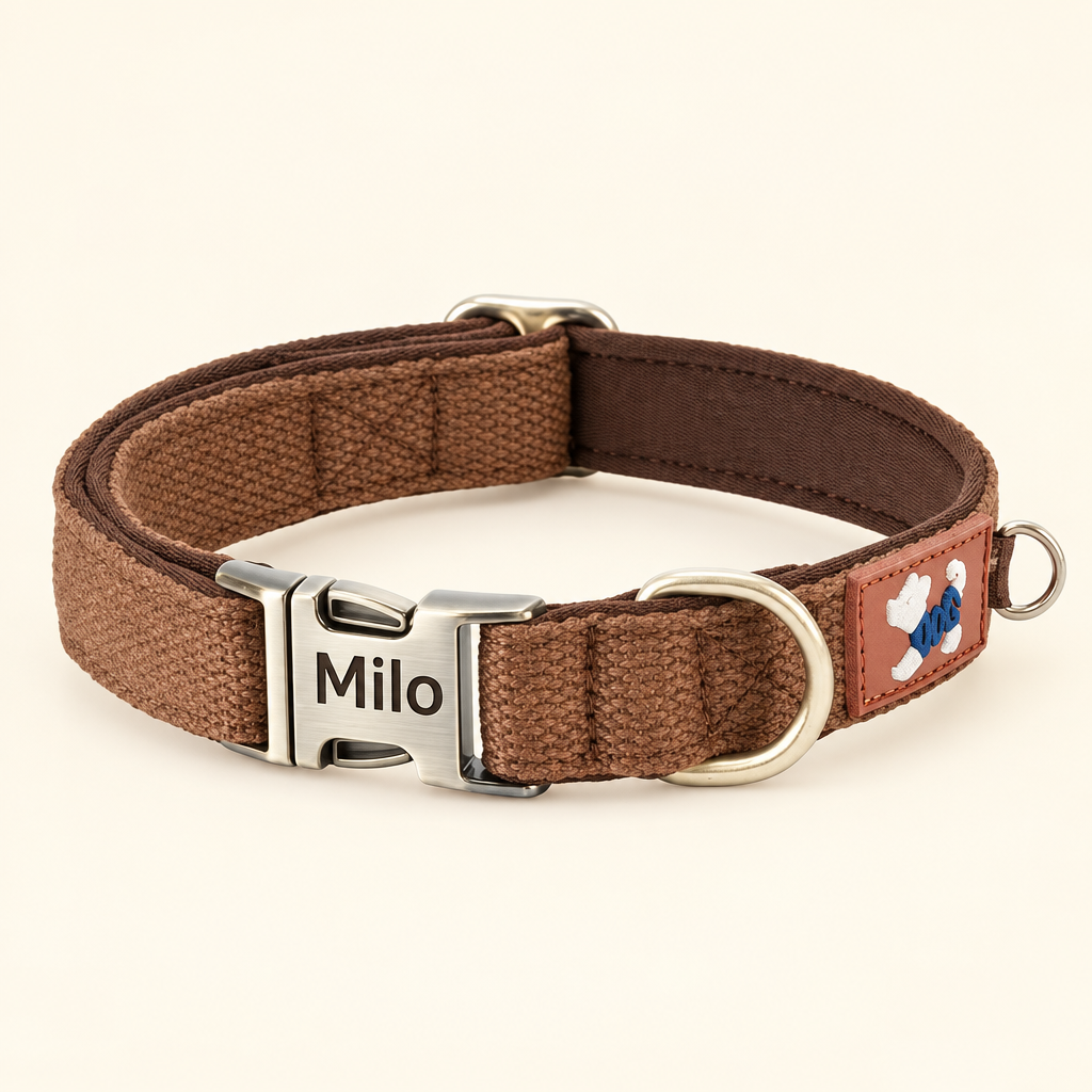 Brown vintage-style collar personalised with Milo