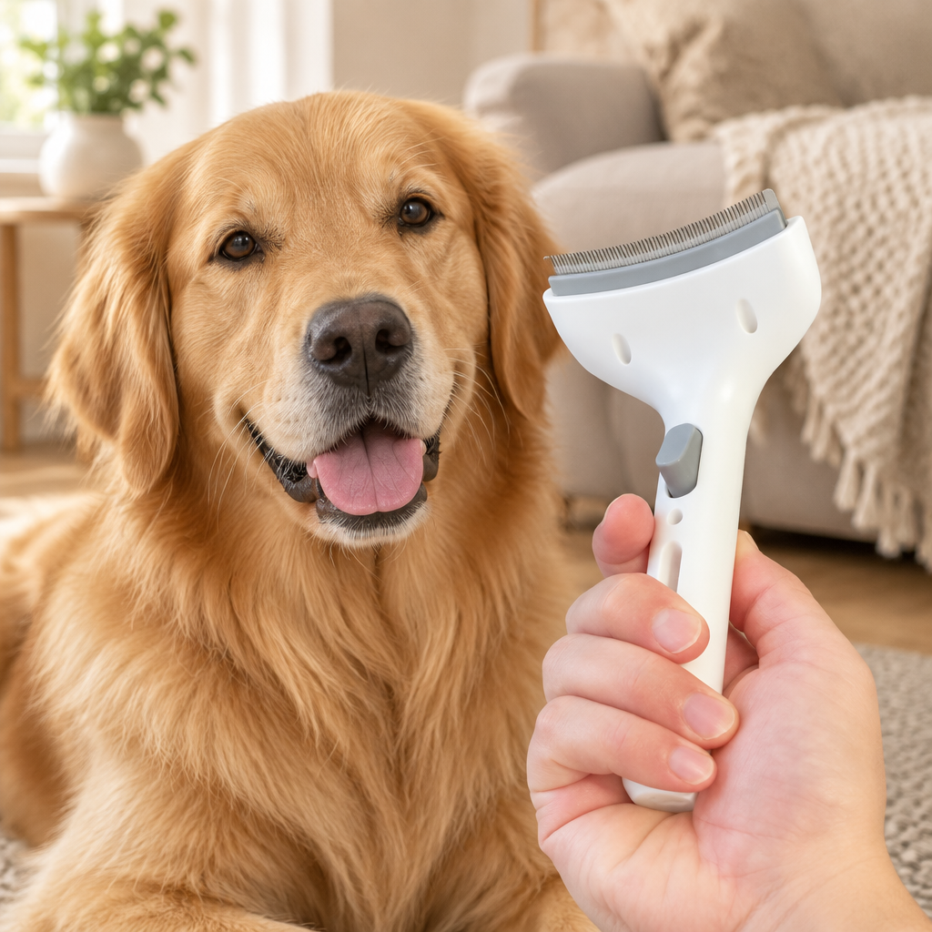 Deshedding tool with a dog