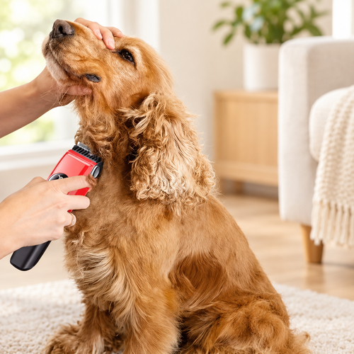 Dog clipper grooming scene