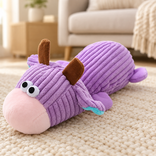 Purple animal plush on a cream rug