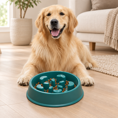 Teal slow-feeder bowl with a golden retriever